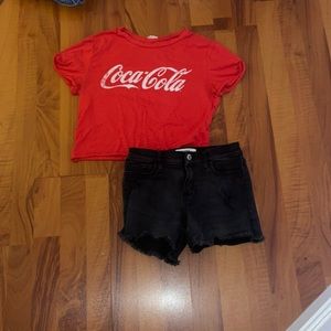 Coca Cola shirt with black jean shorts SHORTS ARE KIDS SIZE AND TOP IS XS
